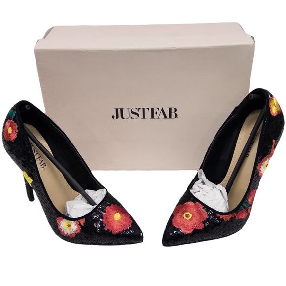 JustFab Black Sequin Red Floral Embroidered Pointed Toe Stiletto High Heels 6 - Picture 1 of 14